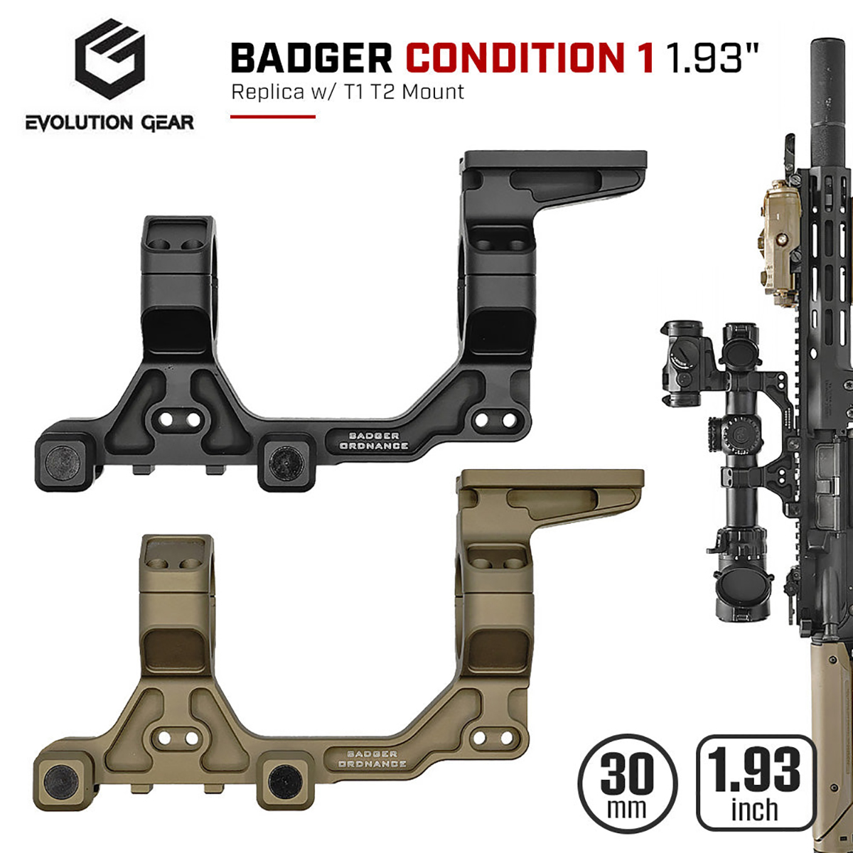 EVOLUTION GEAR BADGER ORDNANCE C.O.M.M.タイプ スコープマウント 30mm対応 1.93インチ T1/T2マウント付き  BK